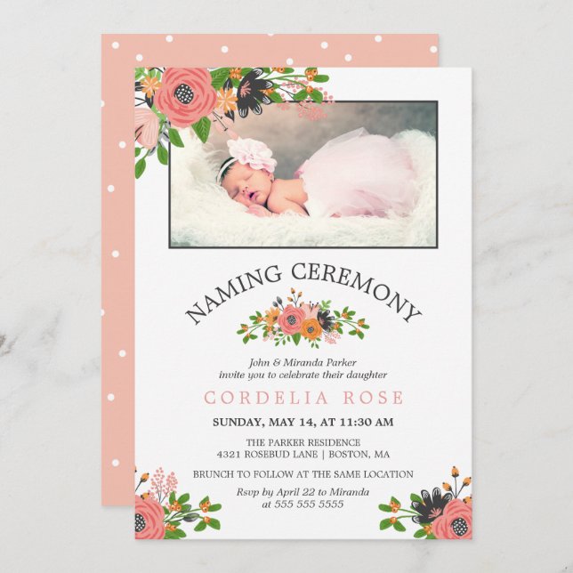 Sweet  Fall Flowers | Naming Ceremony Photo Invitation (Front/Back)