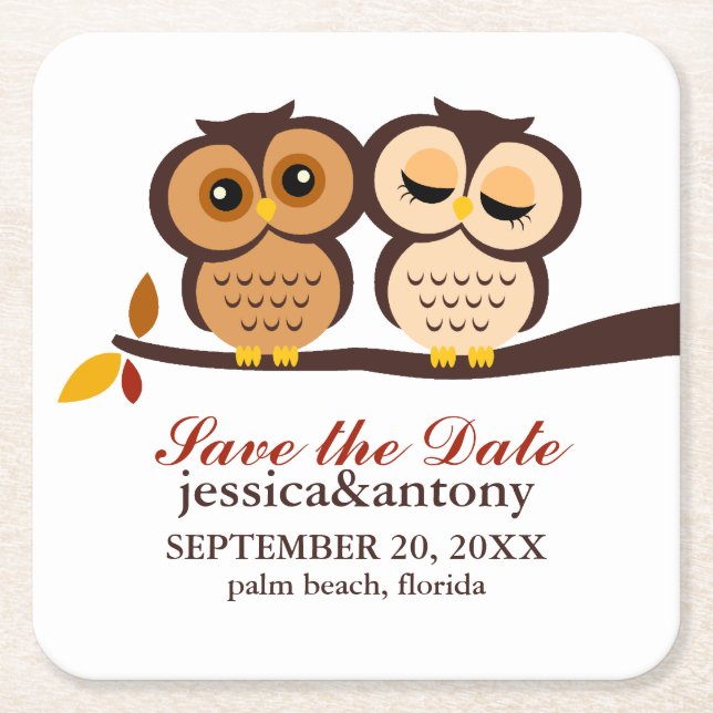 Sweet Fall Owls Wedding Favour Square Paper Coaster (Front)