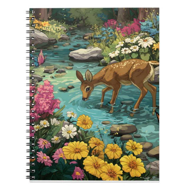 Sweet Fawn Drinking from Floral Forest Stream Art Notebook (Front)