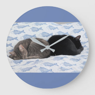 Sweet Feline Dreams Among Blue Fish Large Clock