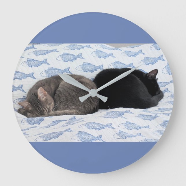 Sweet Feline Dreams Among Blue Fish Large Clock (Front)