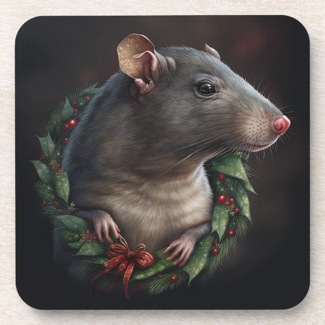 Sweet Festive Pet Rat Holidays/Christmas Coaster (Front)