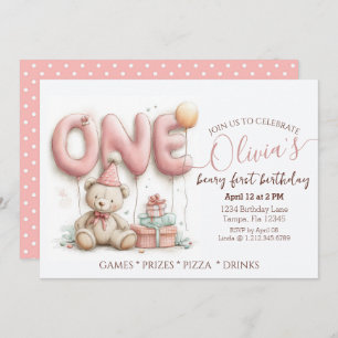 Sweet First Birthday Invitation with Teddy Bear 