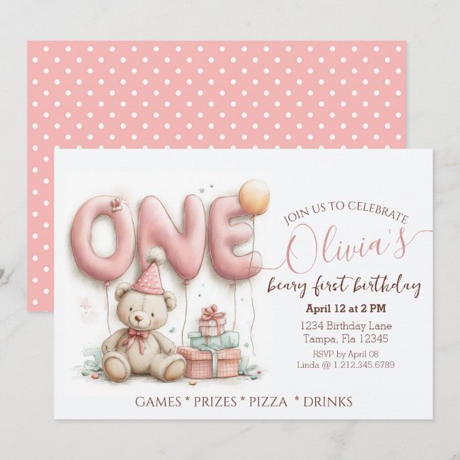 Sweet First Birthday Invitation with Teddy Bear  (Front/Back)