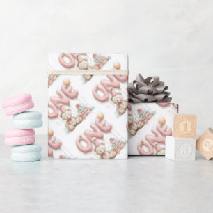 Sweet First Birthday Sticker with Teddy Bear Wrapping Paper