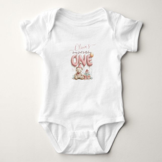 Sweet First Birthday with Teddy Bear  Baby Bodysuit (Front)