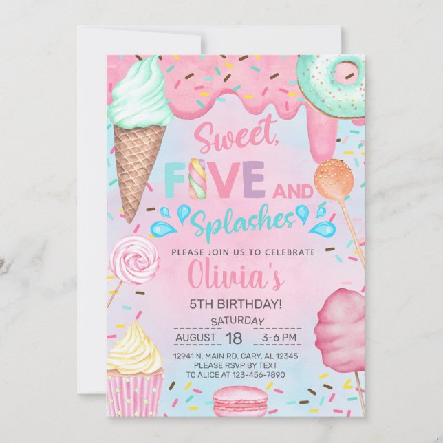 Sweet five & splashes girl 5th birthday invite. invitation (Front)