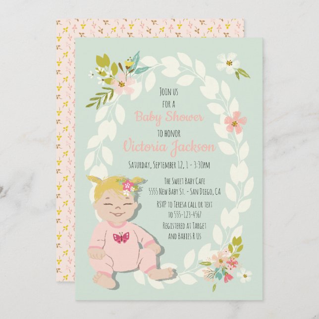 Sweet floral blonde baby shower invitations (Front/Back)