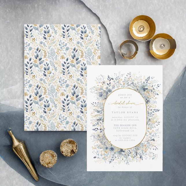 Sweet Floral Bridal Shower Dusty Blue Gold ID1045 Invitation (Creator Uploaded)