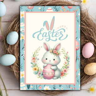 Sweet Floral Bunny With Egg Happy Easter Custom Holiday Card