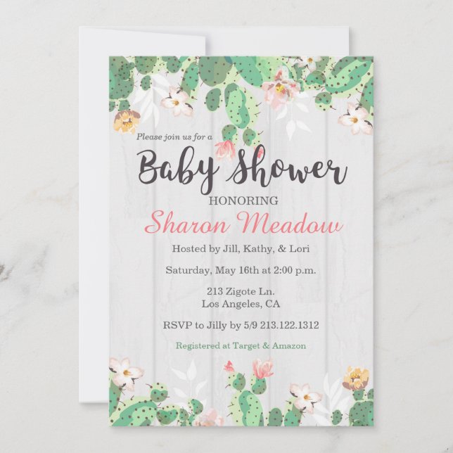 Sweet Floral Cactus Baby Shower Invitation (Front)
