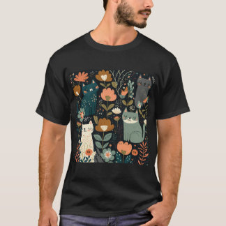 Sweet Floral Cat Pattern T-Shirt
