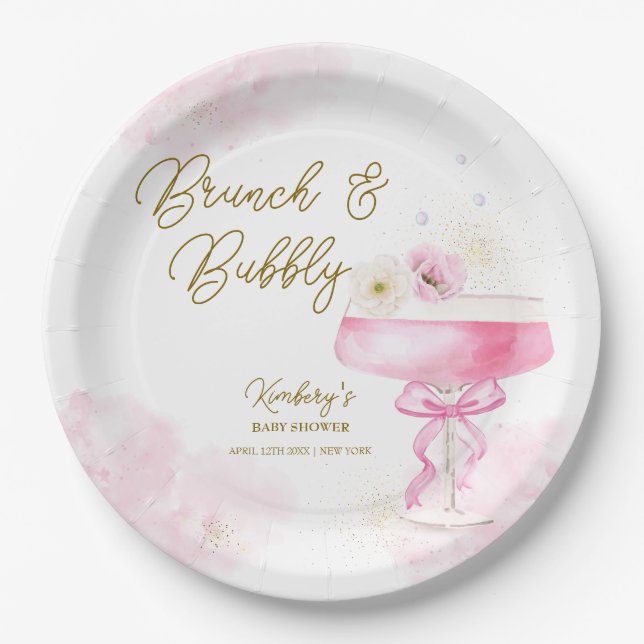 Sweet Floral Champagne Brunch Bubbly Baby Shower  Paper Plate (Front)