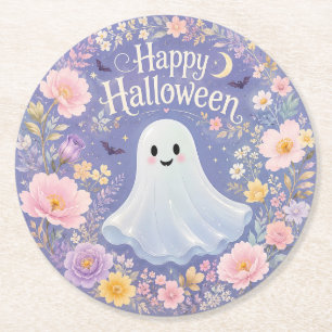 Sweet Floral Ghost Halloween Charm Round Paper Coaster