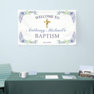 Sweet Floral Gold Cross Baby Christening Welcome   Banner
