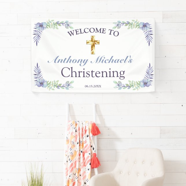 Sweet Floral Gold Cross Baby Christening Welcome  Banner (Insitu)