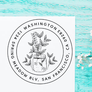 Sweet Floral Mason Jar Round Family Return Address Rubber Stamp