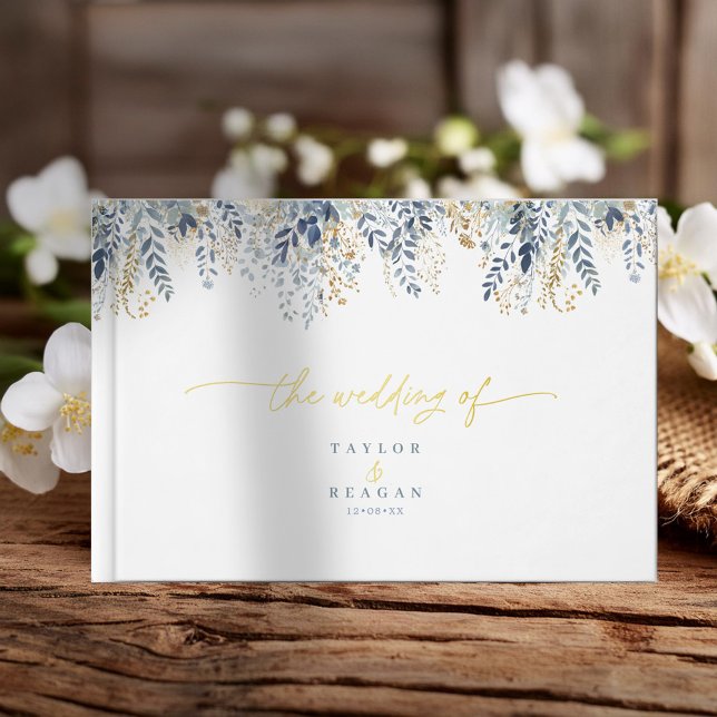 Sweet Floral Pattern Dusty Blue Gold Foil ID1045 Guest Book (Creator Uploaded)