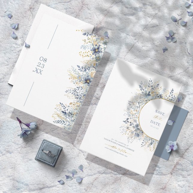 Sweet Floral Pattern Dusty Blue Gold ID1045 Save The Date (Creator Uploaded)