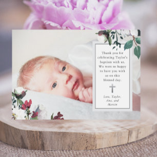 Sweet Floral Photo Baptism Thank You Card
