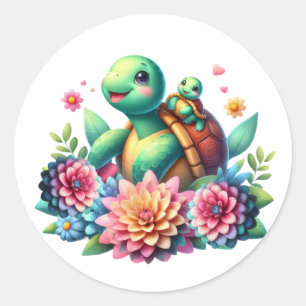 Sweet Floral Sea Turtles  Classic Round Sticker