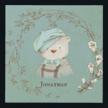 Sweet Floral Wreath Teddy Bear Overalls Hat Name Faux Canvas Print<br><div class="desc">Sweet wall art with loveable teddy bear in cute overalls and adorable hat.  Personalise with your desired name choice.  This will look so perfect in your little boys nursery or bedroom.</div>