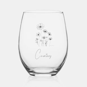 Sweet florals with custom name stemless wine glass
