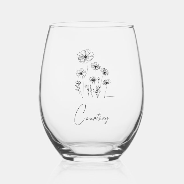 Sweet florals with custom name  stemless wine glass (Front)