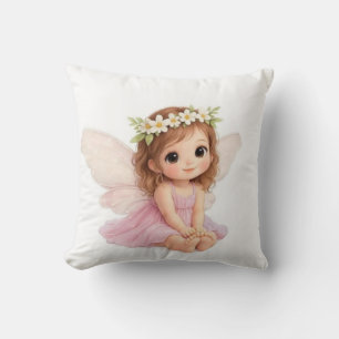 Sweet Flower Crown Girl Fairy in Pink Dress Cushion