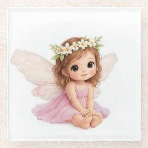 Sweet Flower Crown Girl Fairy in Pink Dress Glass Coaster