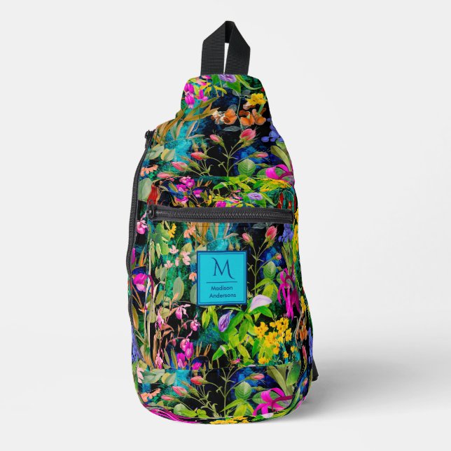 Sweet flowers leaves colourful monogram pattern sling bag (Front)