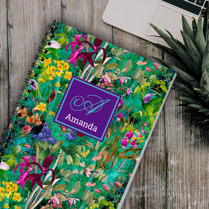 Sweet flowers leaves turquoise monogram pattern notebook