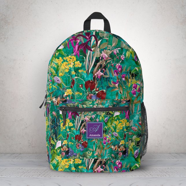 Sweet flowers leaves turquoise monogram printed backpack (Creator Uploaded)