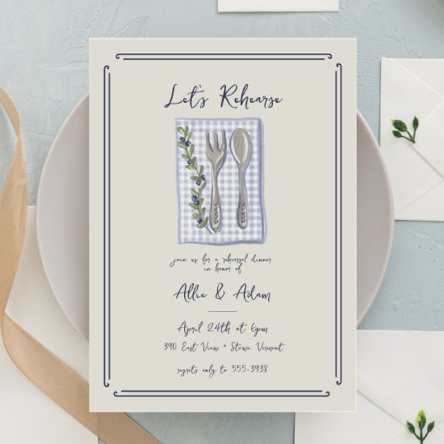 Sweet Fork Spoon Gingham Greenery Rehearsal Dinner Invitation (Creator Uploaded)