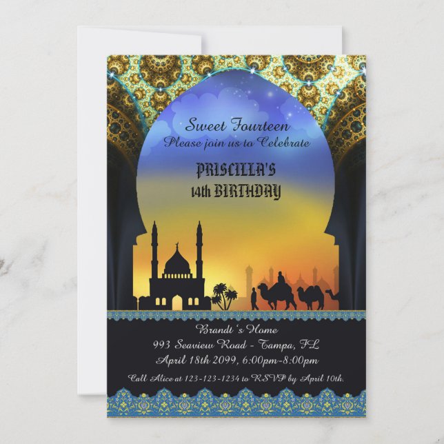 Sweet Fourteen birthday invitation, Arabian night Invitation (Front)