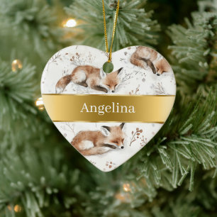 Sweet Fox Gold Ribbon Christmas Ceramic Tree Decoration