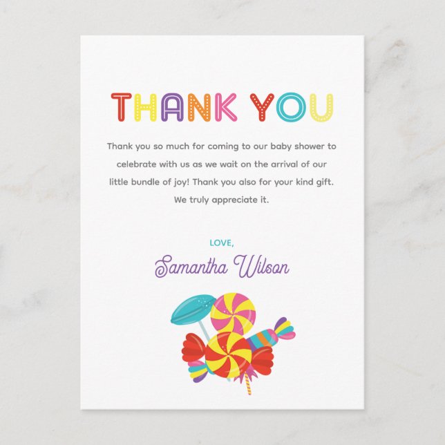 Sweet Fun Candy Baby Shower Thank You Postcard (Front)