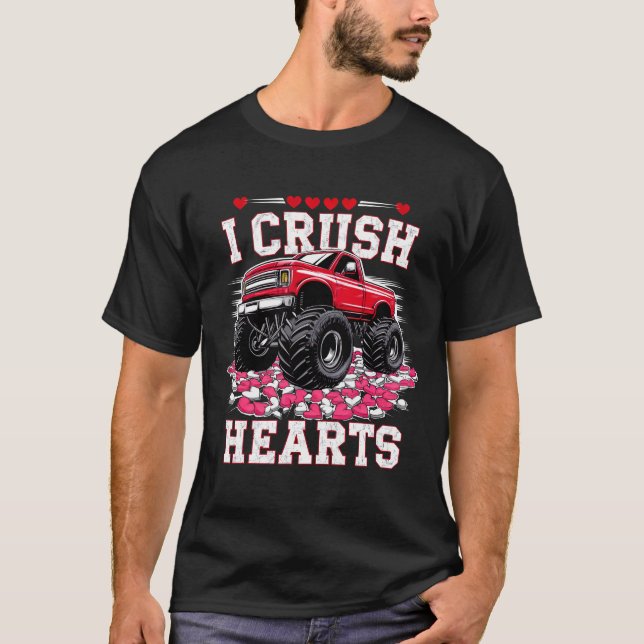 Sweet Fun Valentine's Monster Truck I Crush Hearts T-Shirt (Front)