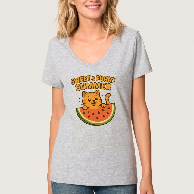 Sweet & Furry Summer – Cute Watermelon Cat T-Shirt (Front)