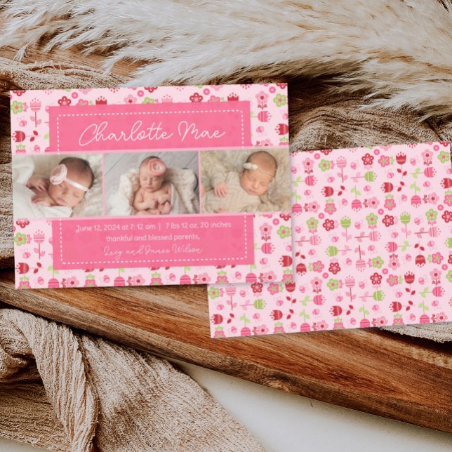 Sweet Garden Pink Baby Girl Announcement (birth announcement, baby announcement, birth announcement template, custom girl birth announcement)