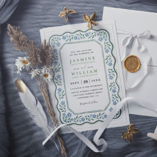 Sweet Garden Vintage Blue Floral Elegant Wedding Invitation
