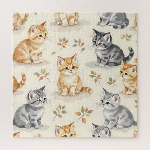 Sweet Ginger and Grey Kitten Watercolor Seamless  Jigsaw Puzzle