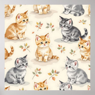 Sweet Ginger and Grey Kitten Watercolor Seamless  Poster