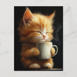 Sweet Ginger Kitten With a Coffee Postcard