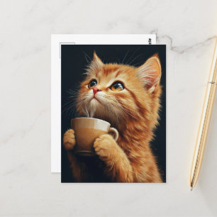 Sweet Ginger Kitty With a Coffee Postcard