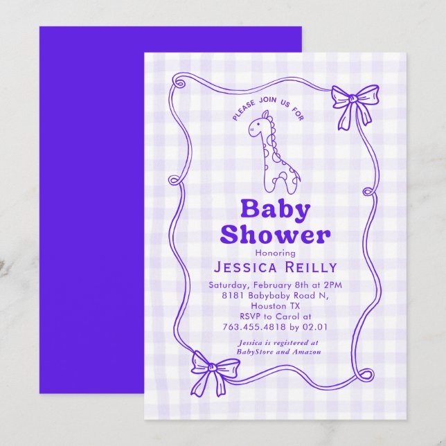 Sweet Giraffe Plaid Bow Elegant Baby Shower Invita Invitation (Front/Back)