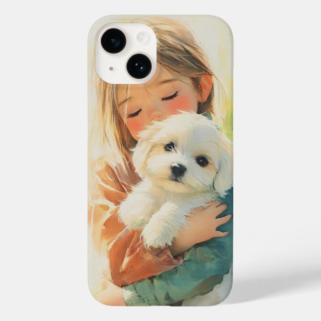 Sweet Girl and Puppy Watercolor iPhone Case  (Back)