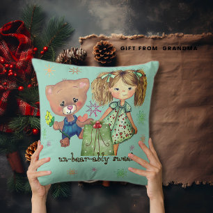 Sweet Girl and Teddy Bear Teal Cushion