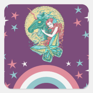 Sweet Girl And Unicorn Drawing Square Sticker