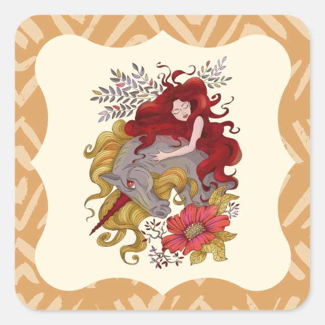 Sweet Girl And Unicorn Flowers Drawing Square Sticker (Front)